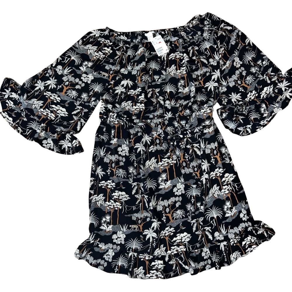 H&M Black Tropical Jungle Print Flare Sleeve Ruffle Hem Dress Women's Size 14